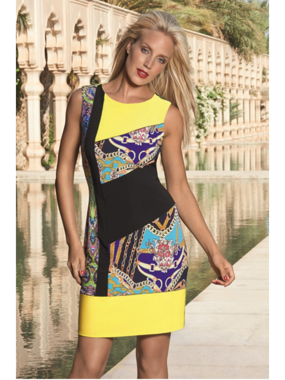 Joseph Ribkoff Sz 8 Bodycon Stretchy Yellow Paisley Dress Sequins